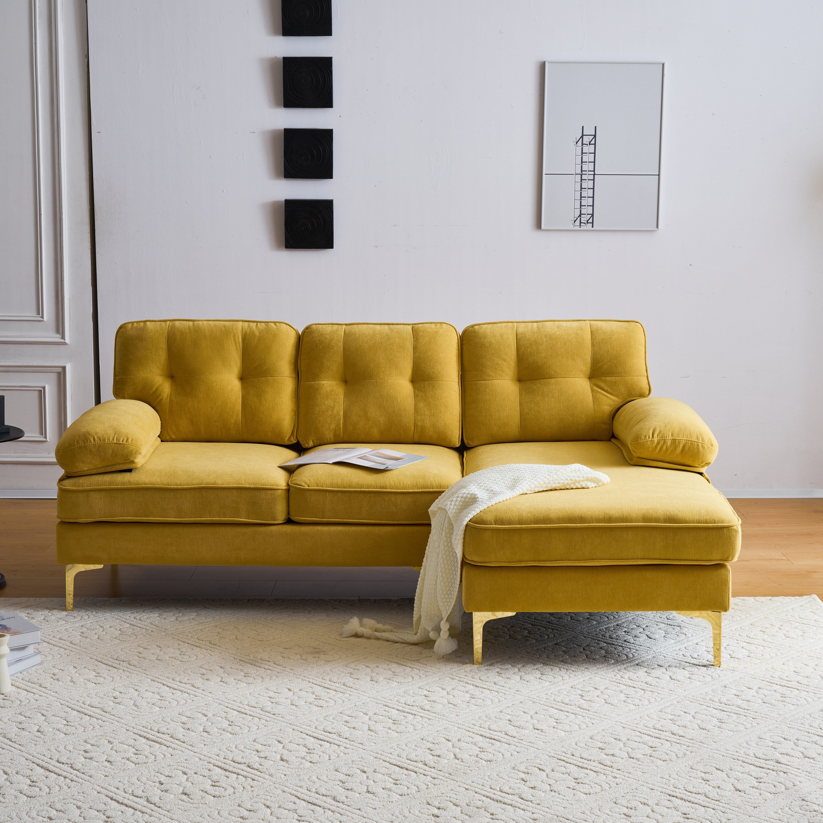 Modern Velvet L-Shaped Sectional Sofa with Metal Legs and Wide Backrest for Living Room Bedroom