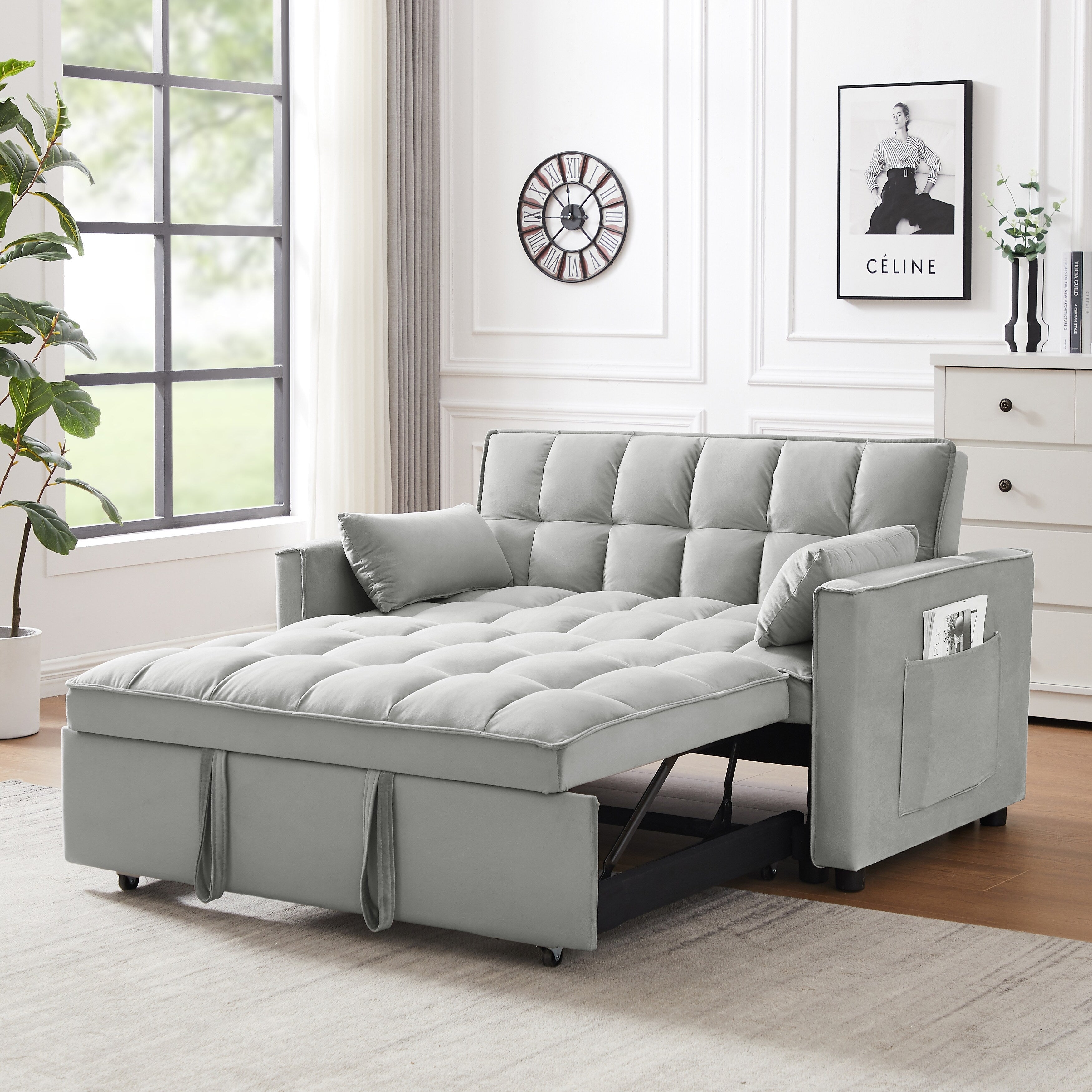 Modern Velvet Loveseat Futon Sofa Couch w/Pullout Bed,Small Love Seat Lounge Sofa w/Reclining Backrest,Toss Pillows