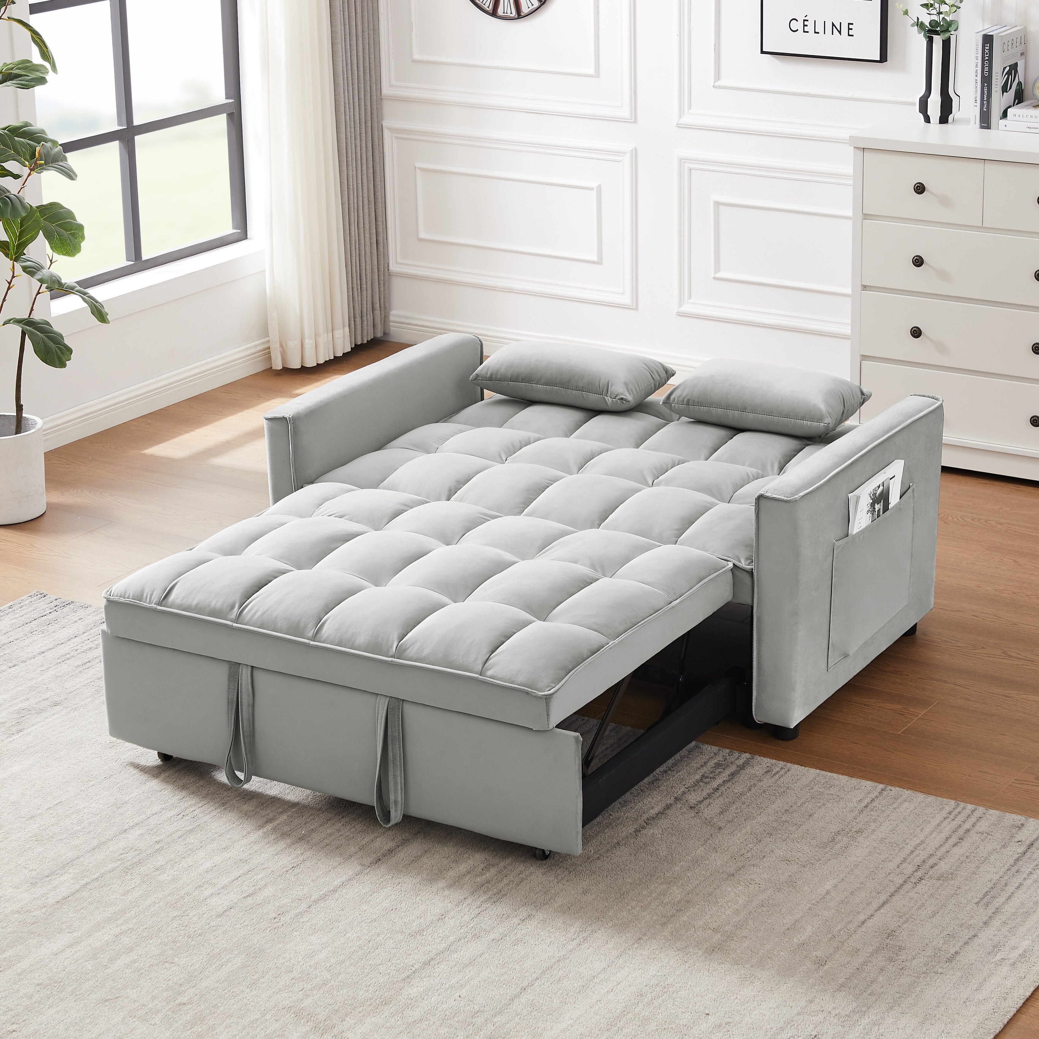 Modern Velvet Loveseat Futon Sofa Couch w/Pullout Bed,Small Love Seat Lounge Sofa w/Reclining Backrest,Toss Pillows