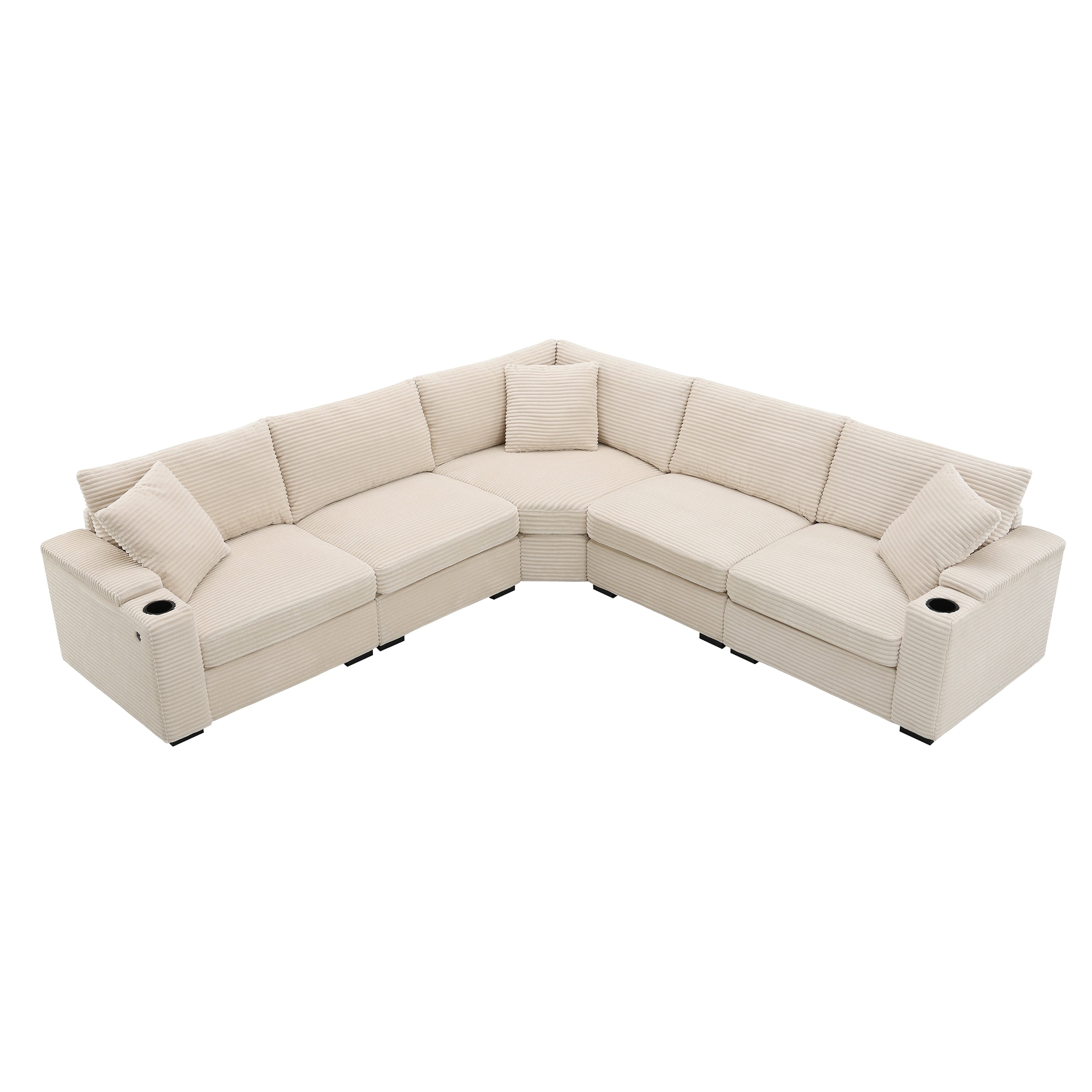 Modular Corduroy L-Shaped Sectional Sofa with Armrest Storage, USB Ports and Cup Holders for Living Room Apartment