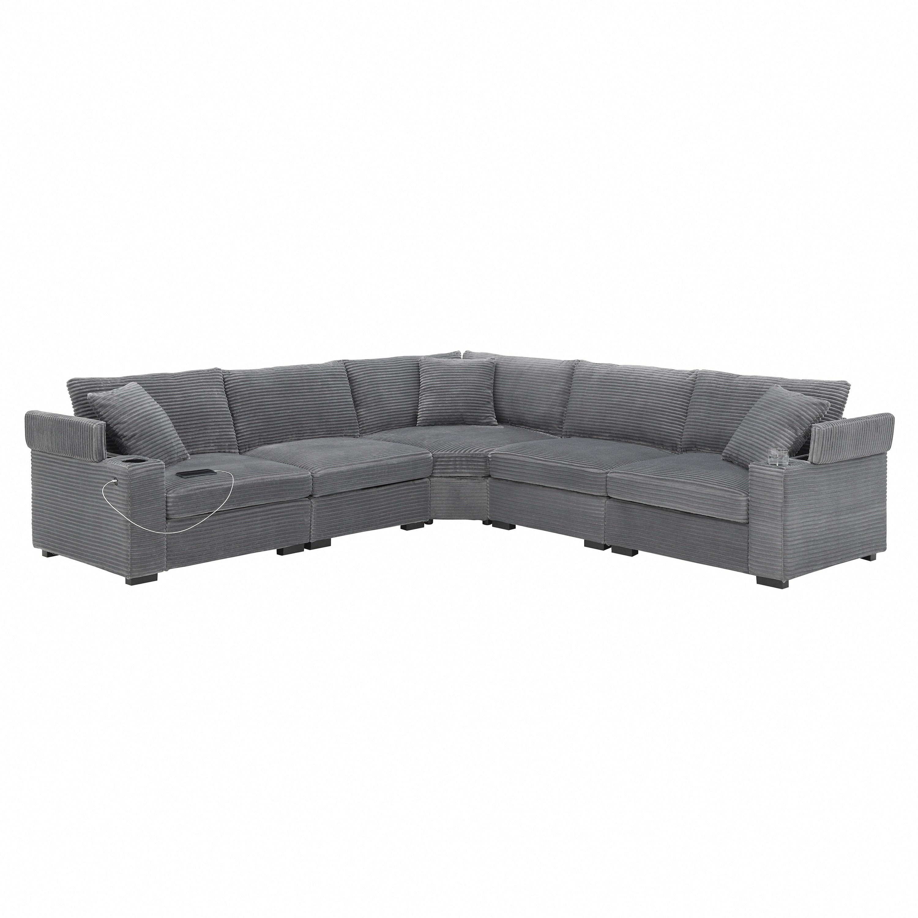 Modular Corduroy L-Shaped Sectional Sofa with Armrest Storage, USB Ports and Cup Holders for Living Room Apartment