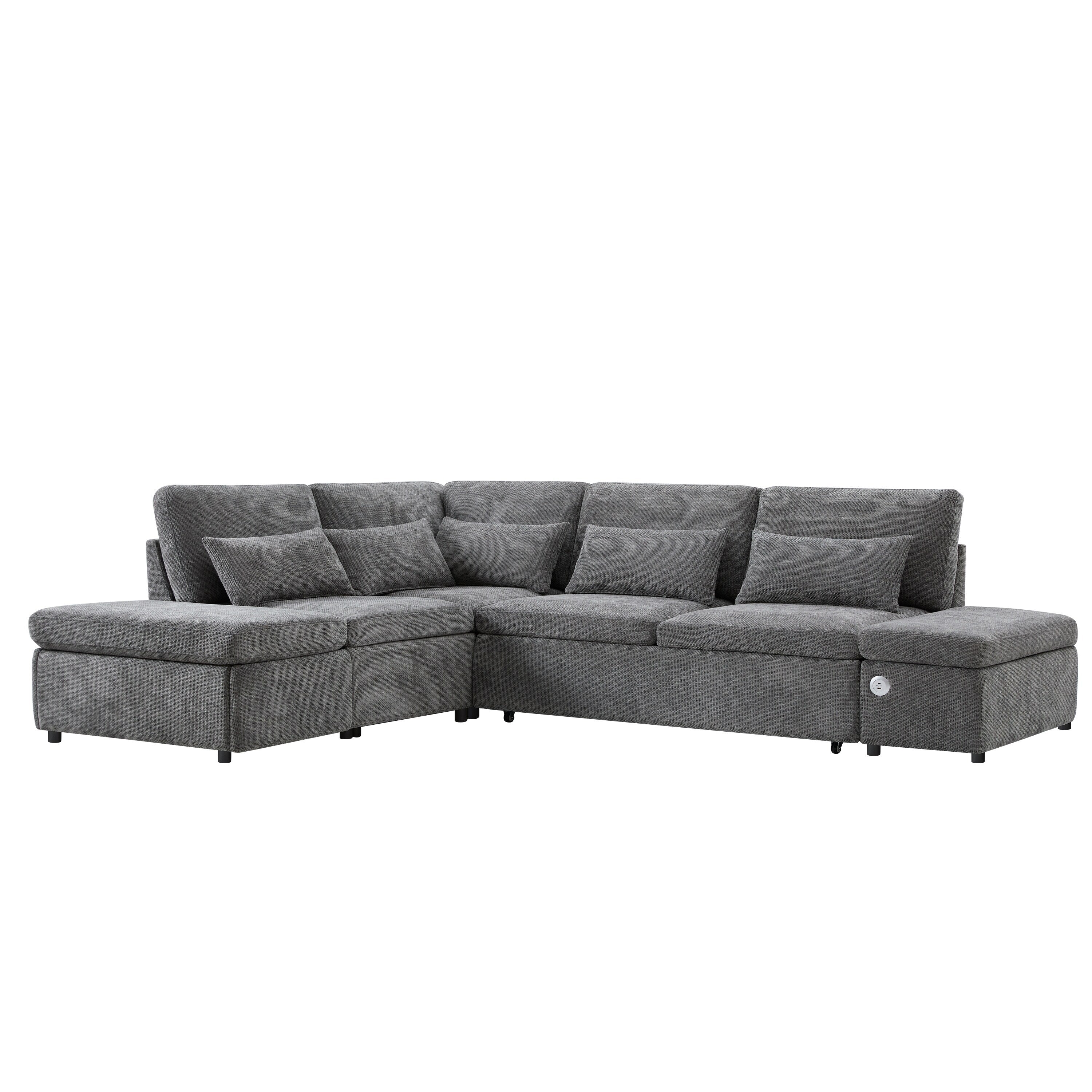 Modular Pull-Out Sectional Sofa Bed with Adjustable Charging Armrest and Storage Ottoman for Living Room Apartment