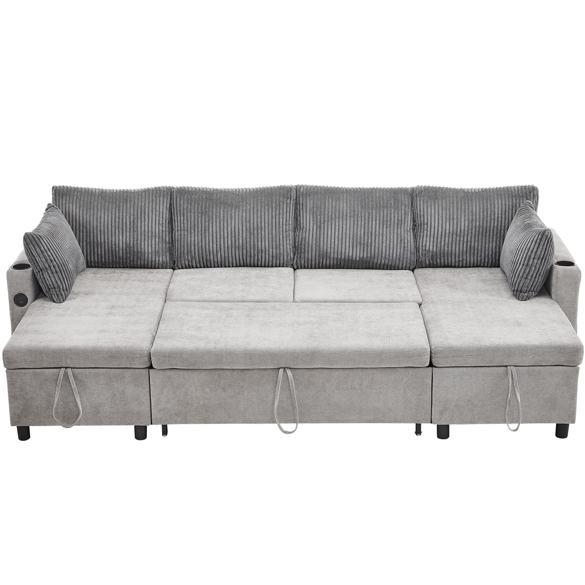 Multifunctional Sectional Sofa Bed with Pull-Out Sleeper, Dual Storage Chaises, USB Ports and Cup Holders for Living Room