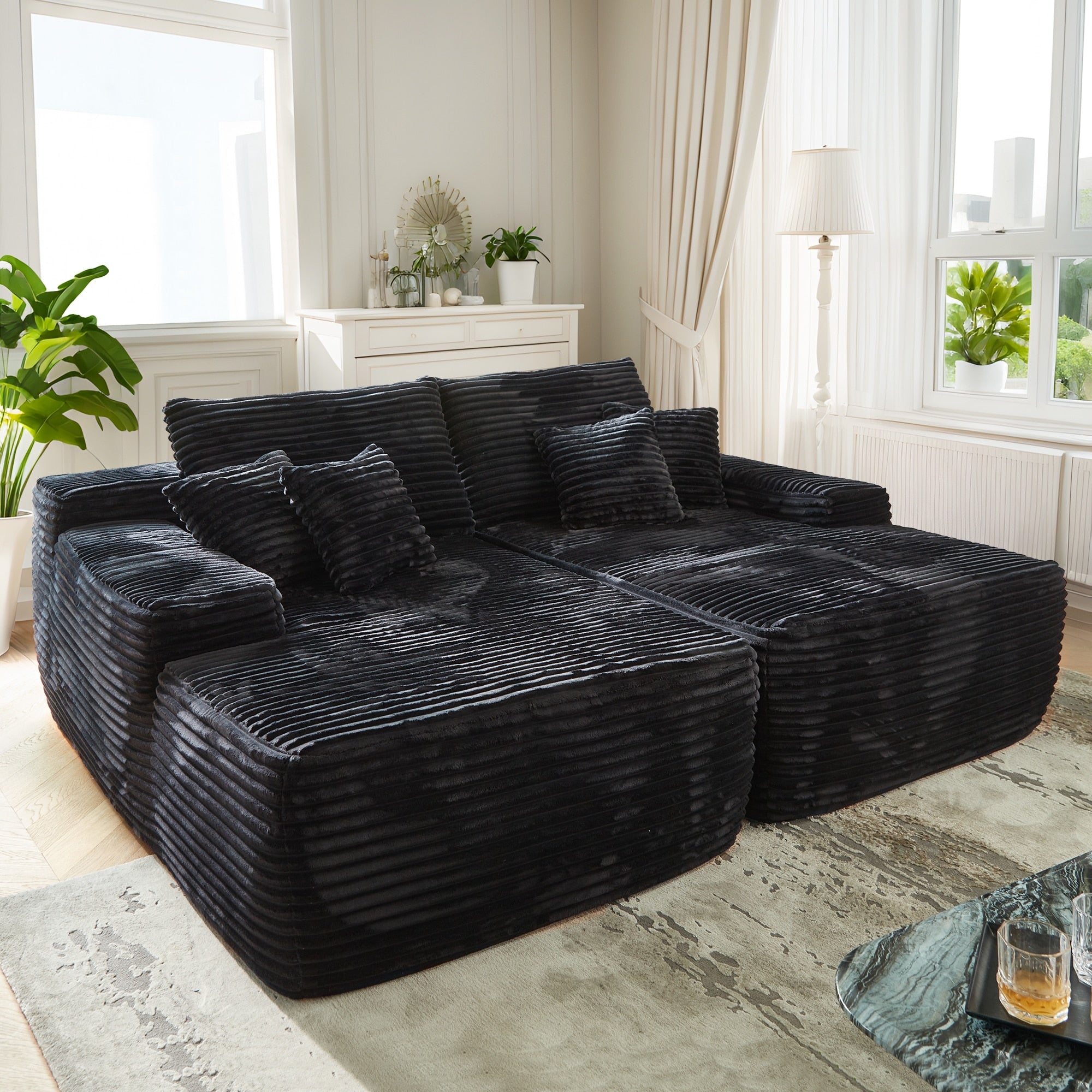 OVIOS Long Plush No Assembly Required Double Chaise Sofa