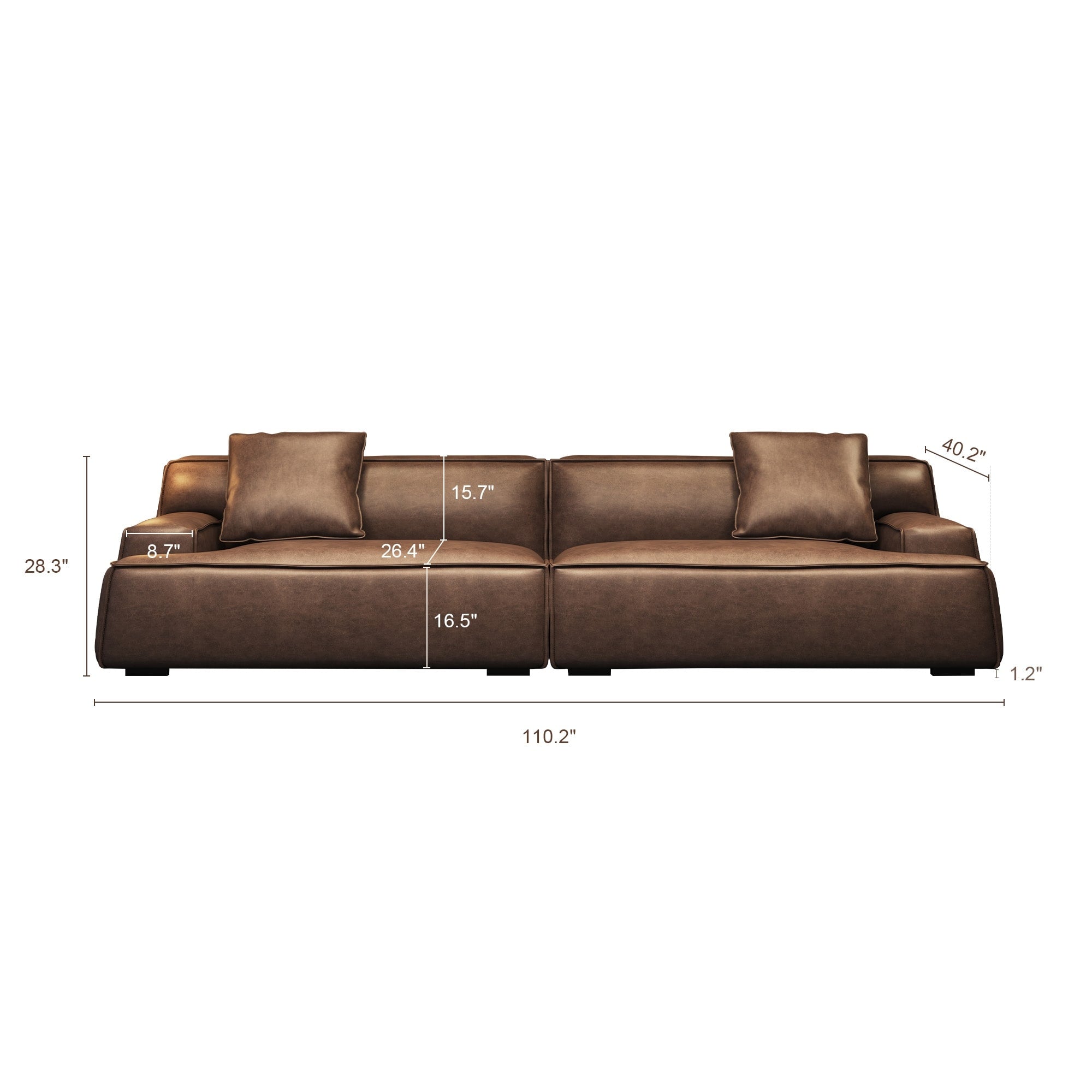 Recessed Arms Couch Leather Upholstered Sofa for Living Room-110.2W - 110.2 x 28.35