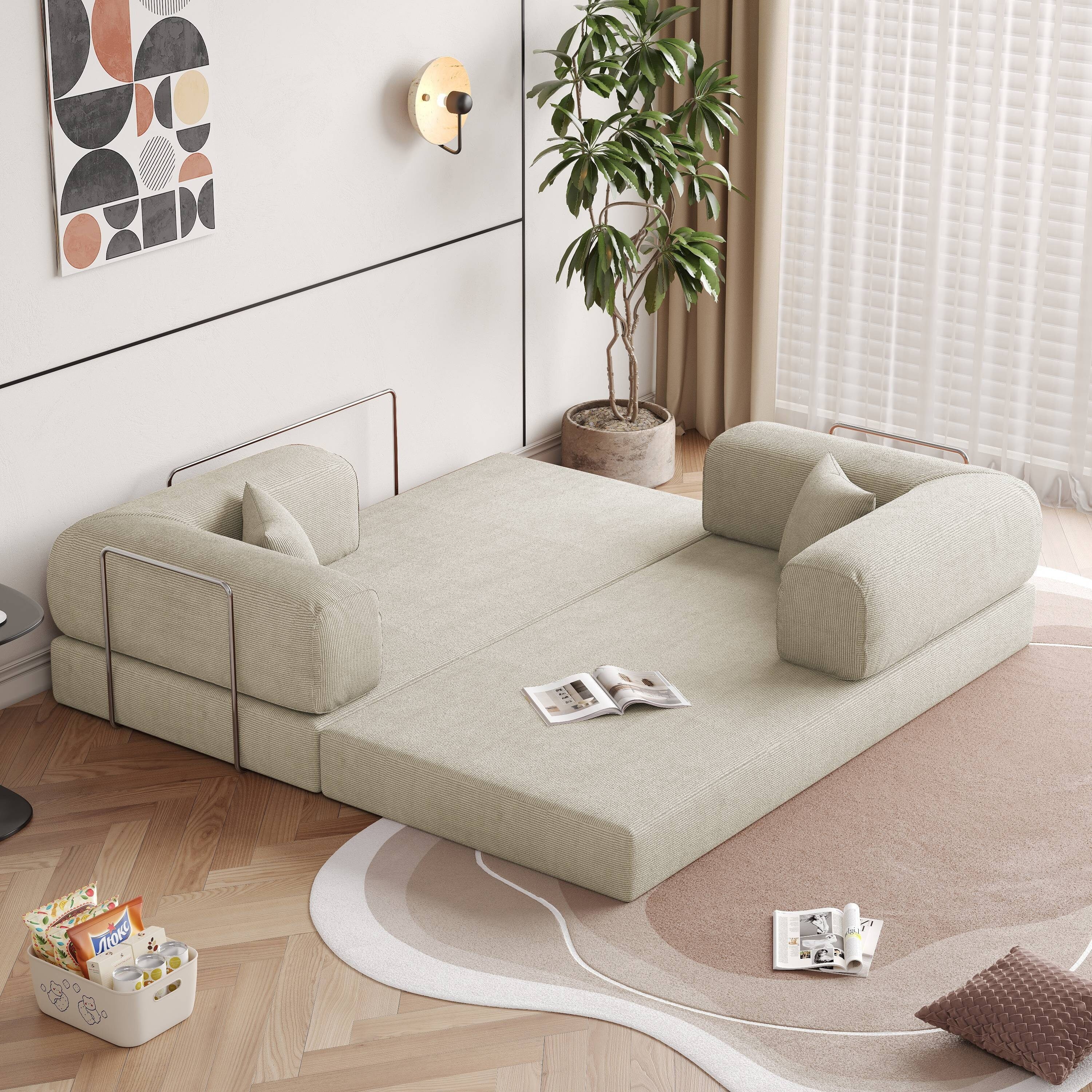 Romision Round Arm Corduroy Fabric Convertible Sleeper Rectangle Sofa
