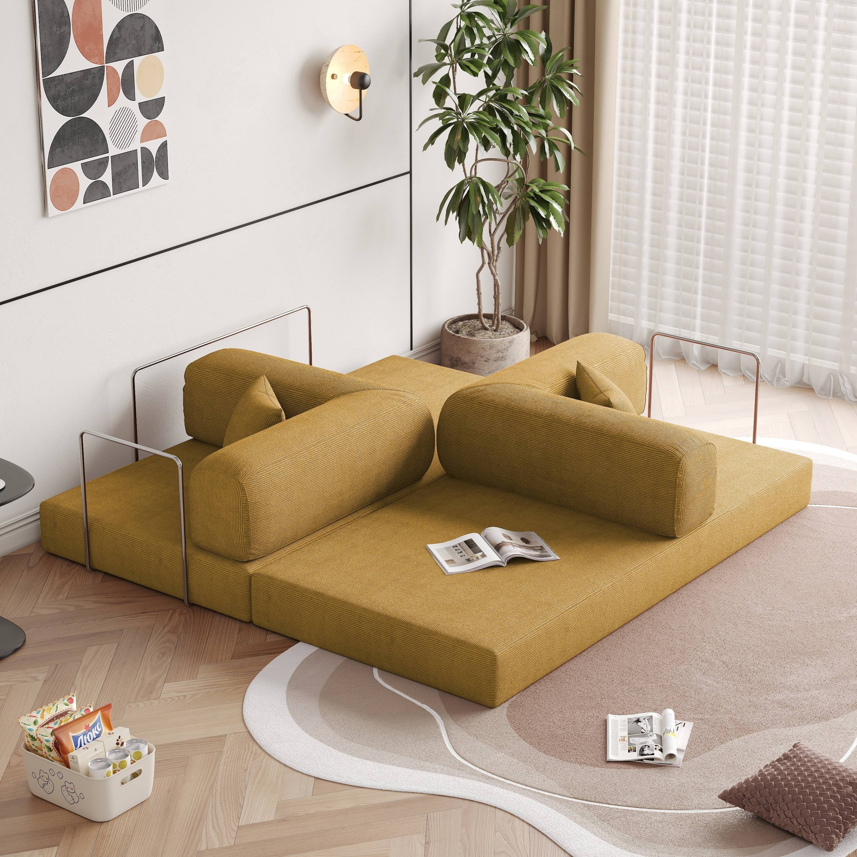 Romision Round Arm Corduroy Fabric Convertible Sleeper Rectangle Sofa