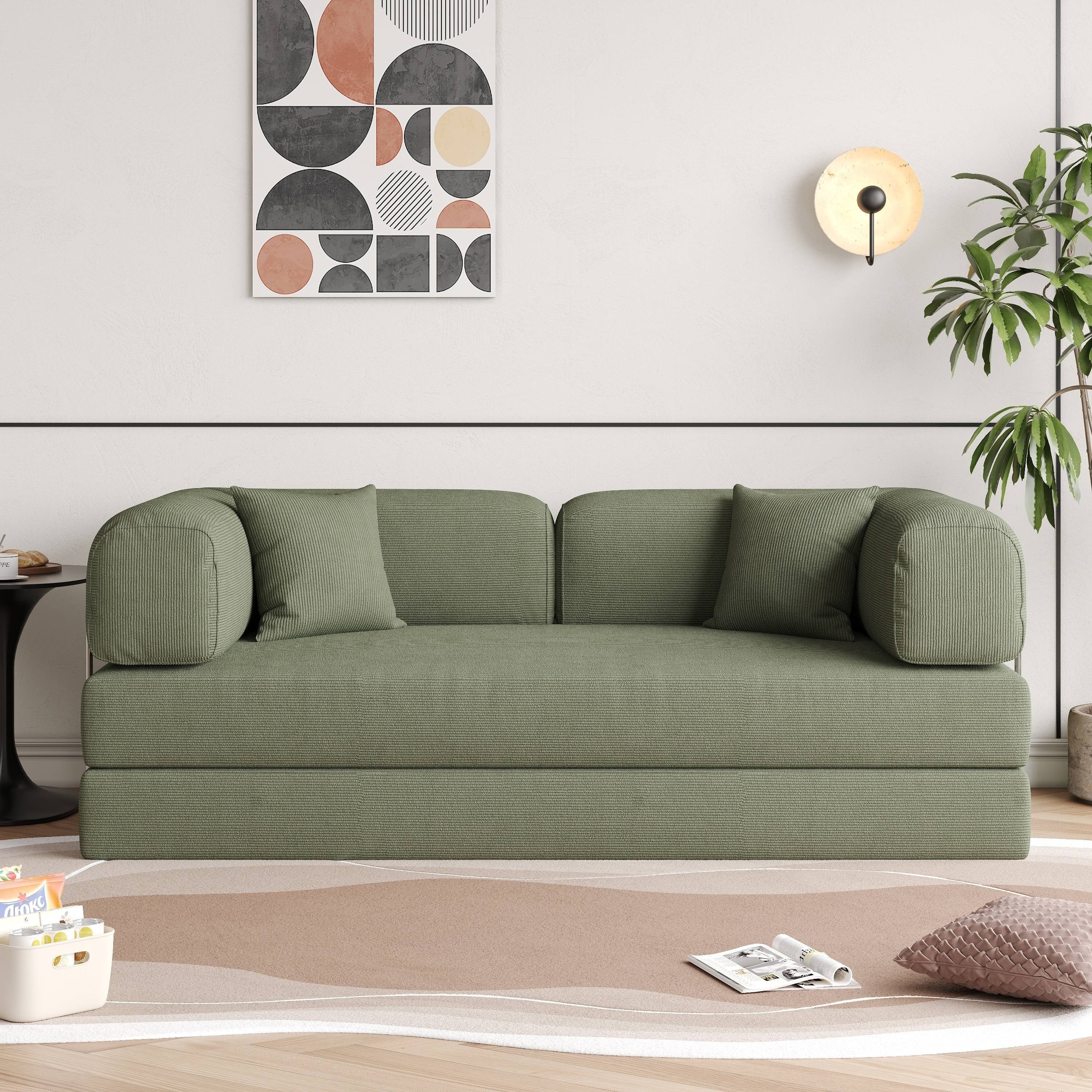 Romision Round Arm Corduroy Fabric Convertible Sleeper Rectangle Sofa
