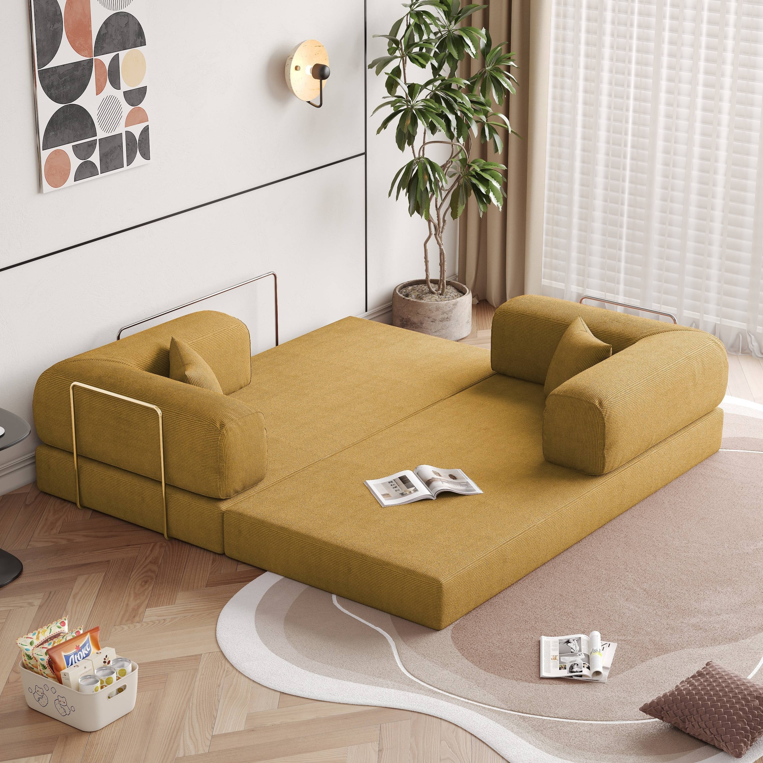 Romision Round Arm Corduroy Fabric Convertible Sleeper Rectangle Sofa