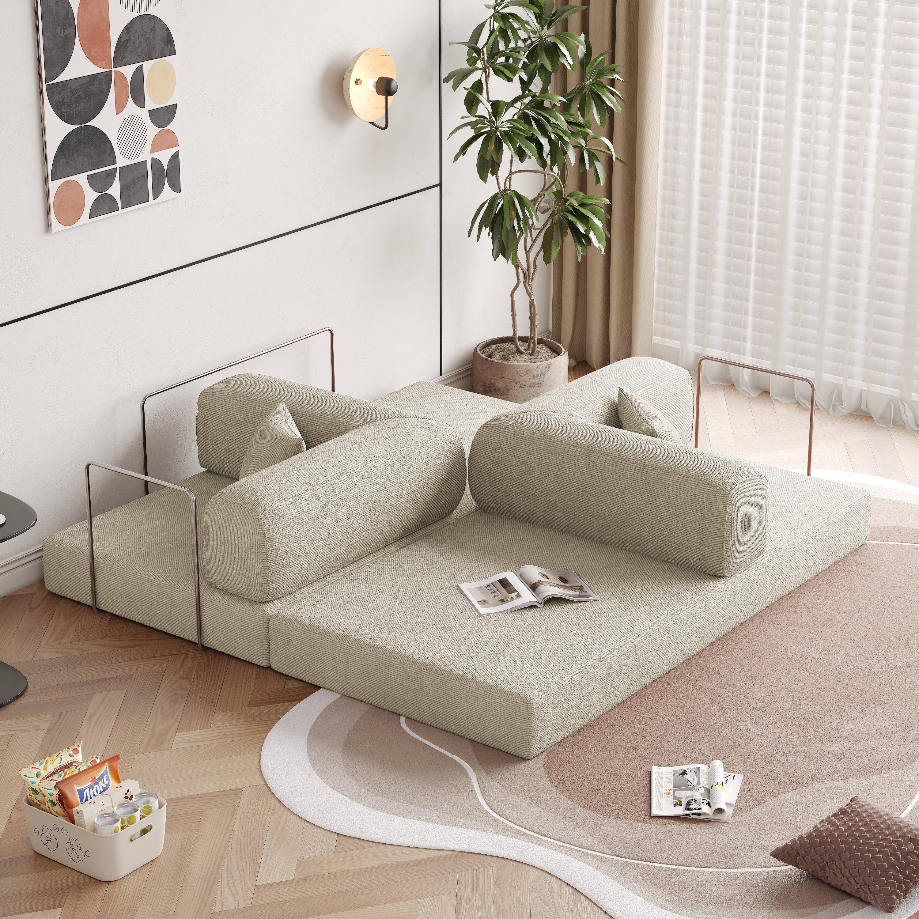 Romision Round Arm Corduroy Fabric Convertible Sleeper Rectangle Sofa