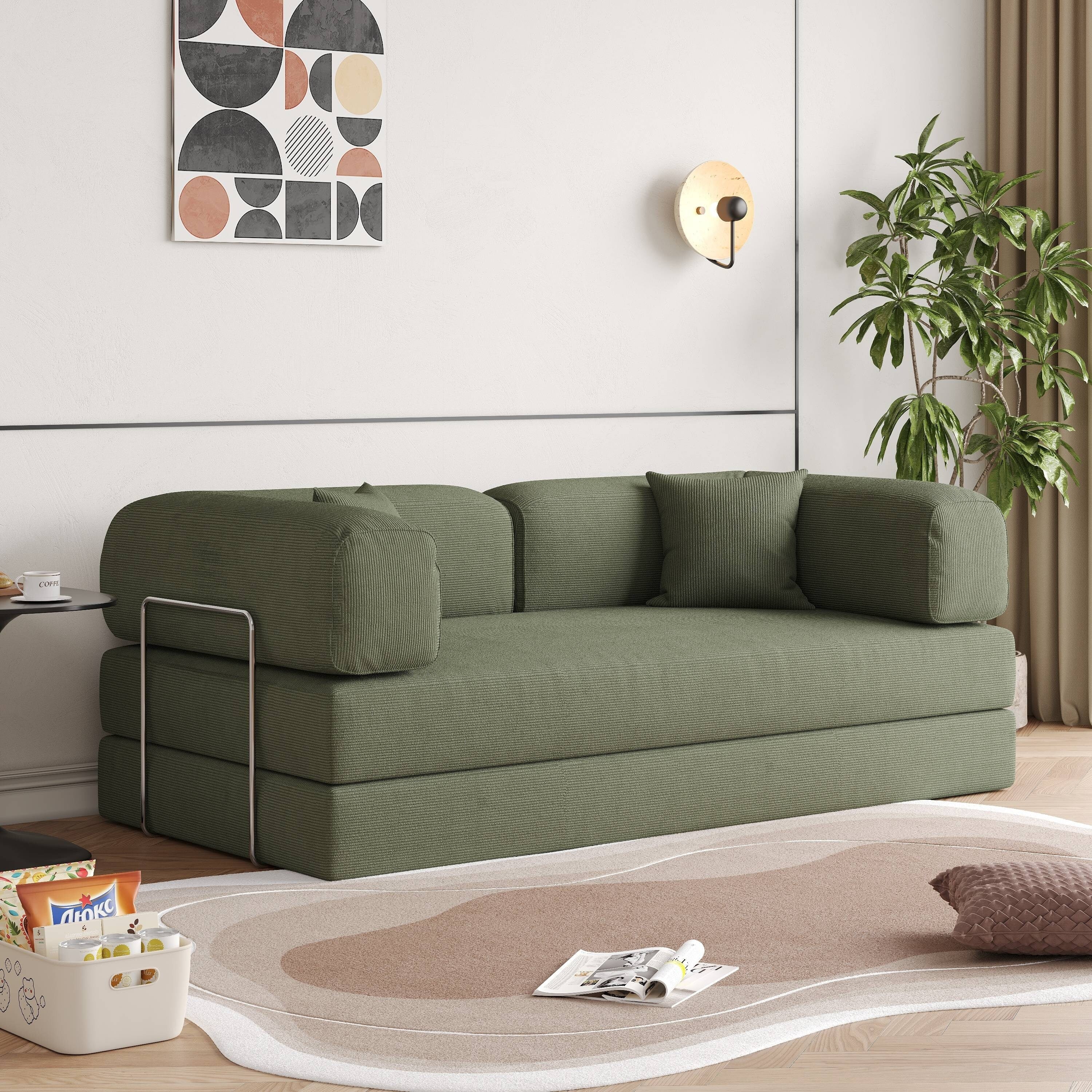 Romision Round Arm Corduroy Fabric Convertible Sleeper Rectangle Sofa