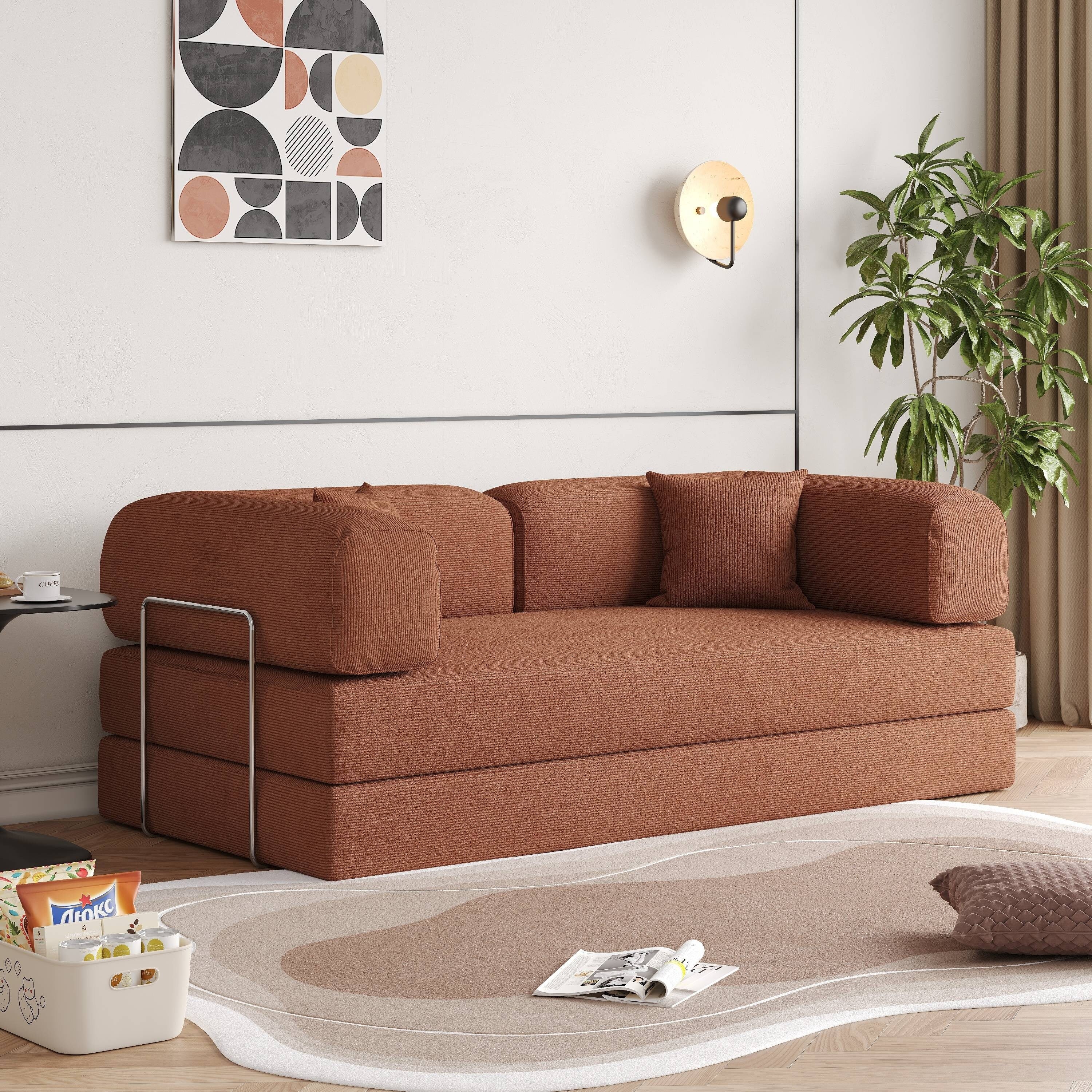 Romision Round Arm Corduroy Fabric Convertible Sleeper Rectangle Sofa
