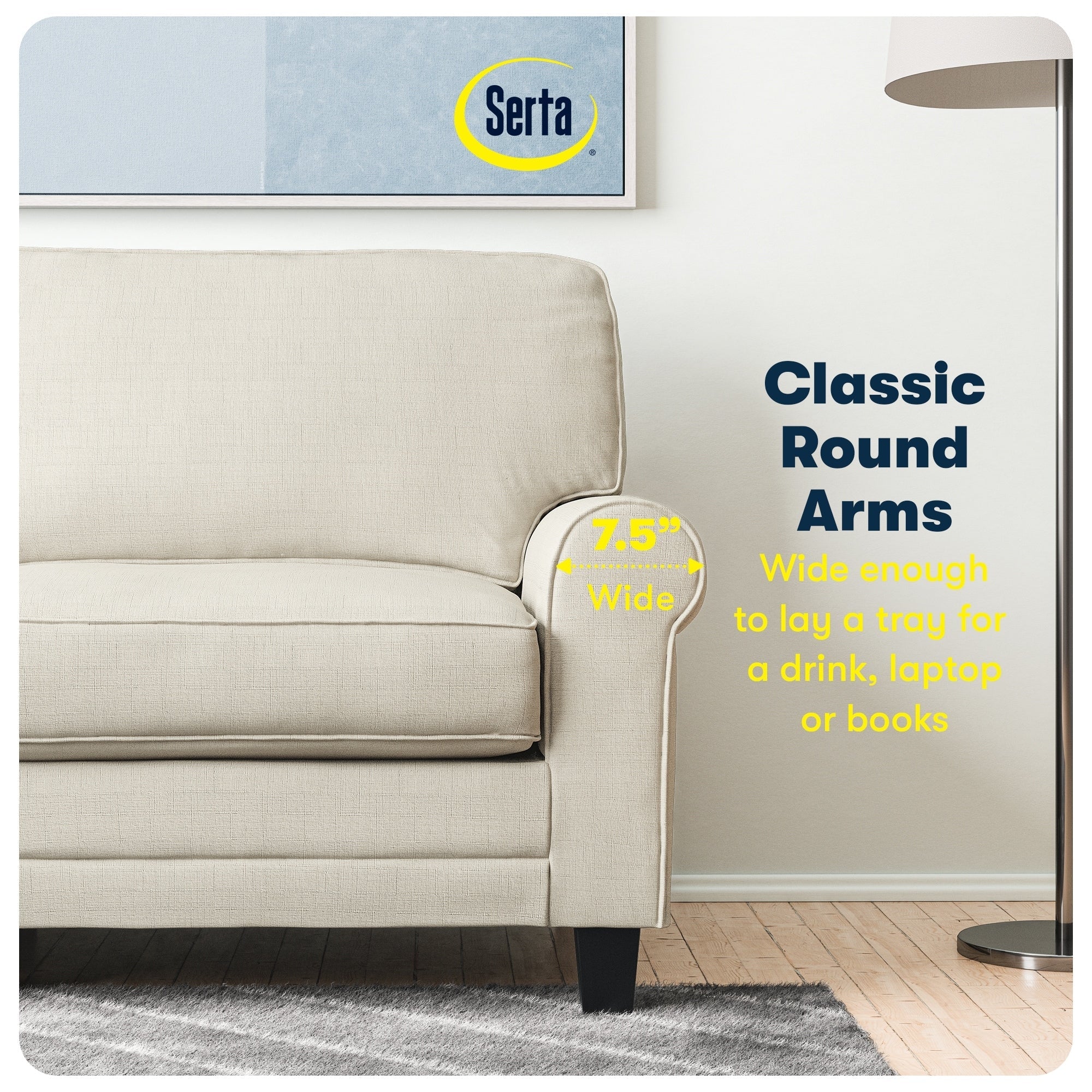 Serta Copenhagen 73 Rolled Arm Sofa, Easy Care Polyester, Soft Pillow Back, Pocket Coil Seat Cushions