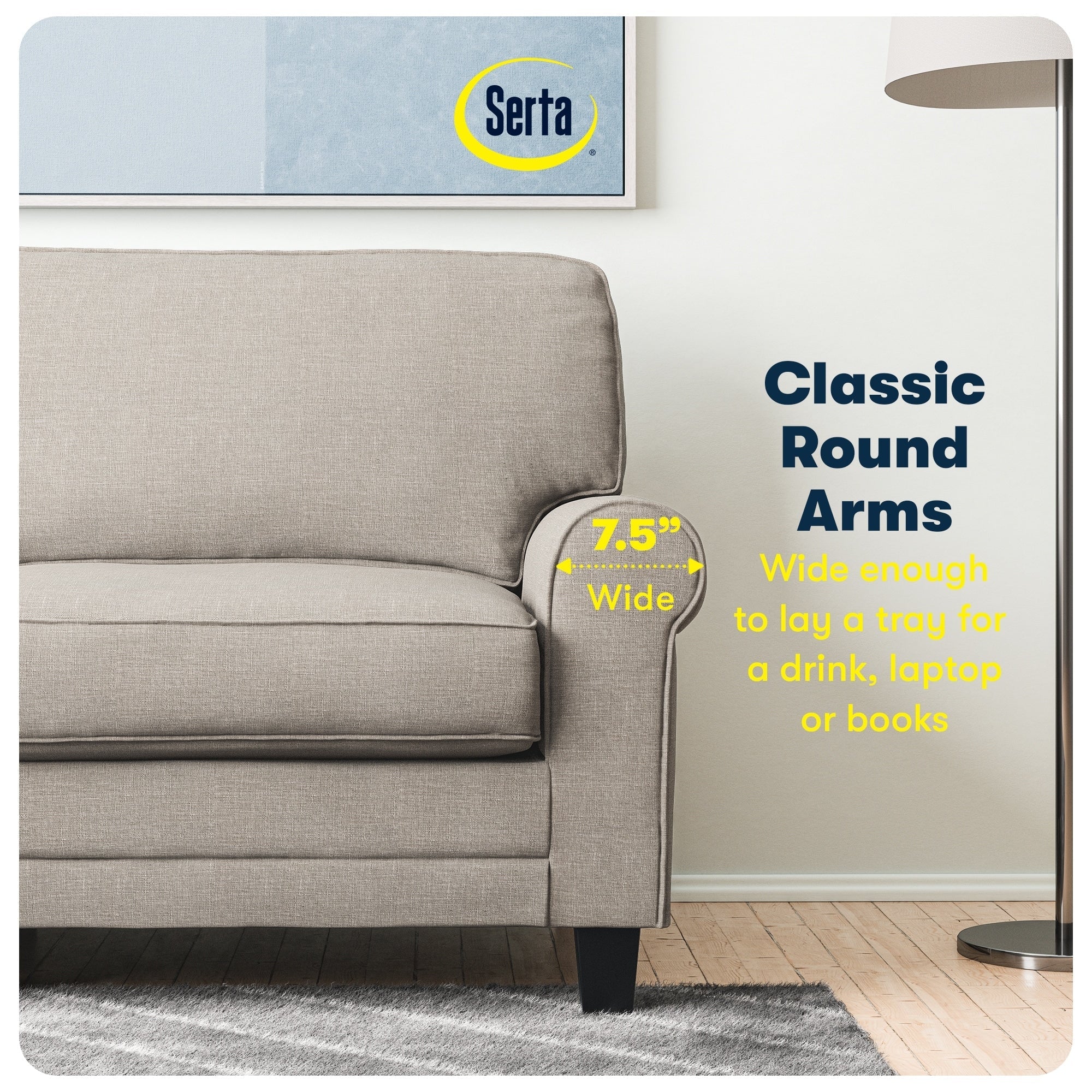 Serta Copenhagen 73 Rolled Arm Sofa, Easy Care Polyester, Soft Pillow Back, Pocket Coil Seat Cushions