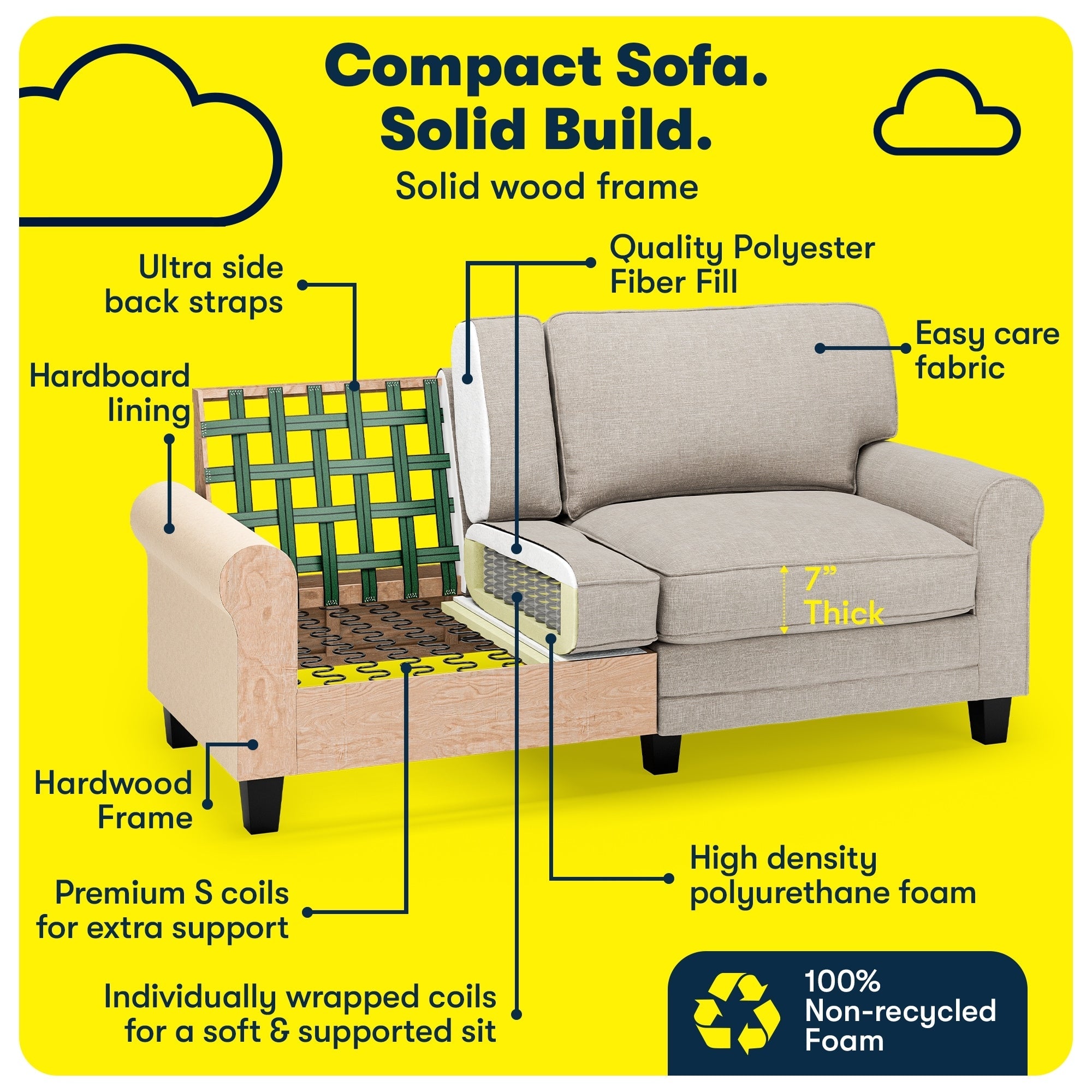 Serta Copenhagen 73 Rolled Arm Sofa, Easy Care Polyester, Soft Pillow Back, Pocket Coil Seat Cushions