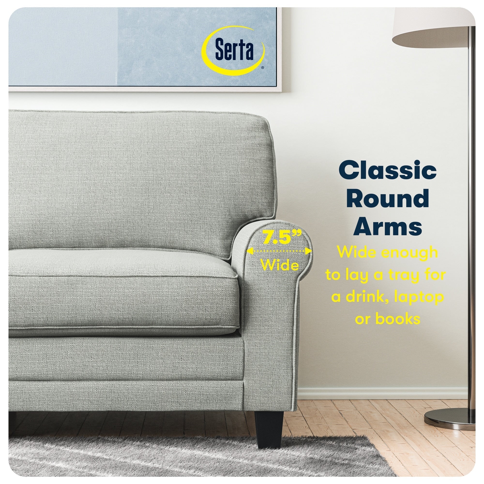 Serta Copenhagen 73 Rolled Arm Sofa, Easy Care Polyester, Soft Pillow Back, Pocket Coil Seat Cushions