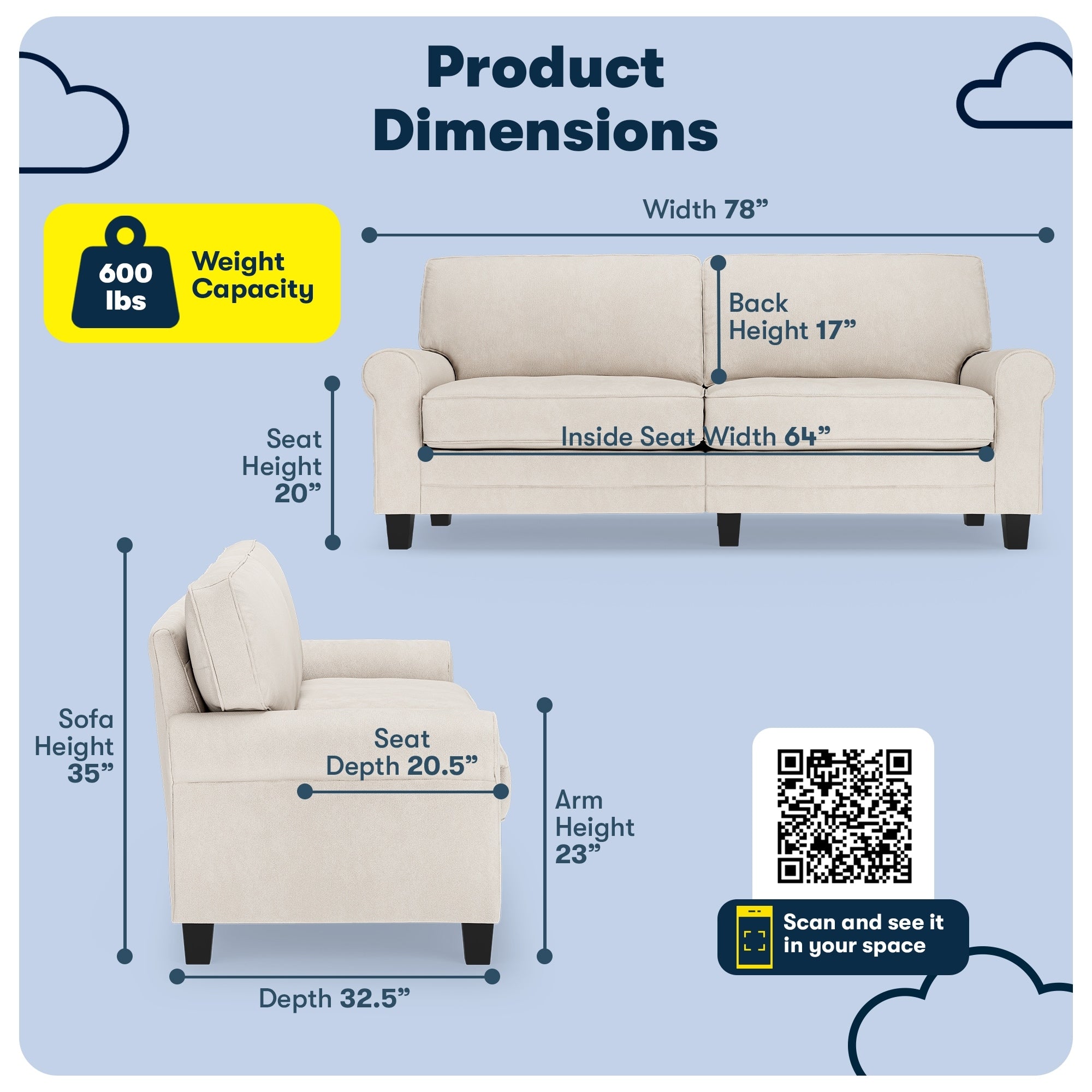 Serta Copenhagen 78 Rolled Arm Sofa, Easy Care Polyester, Soft Pillow Back, Pocket Coil Seat Cushions