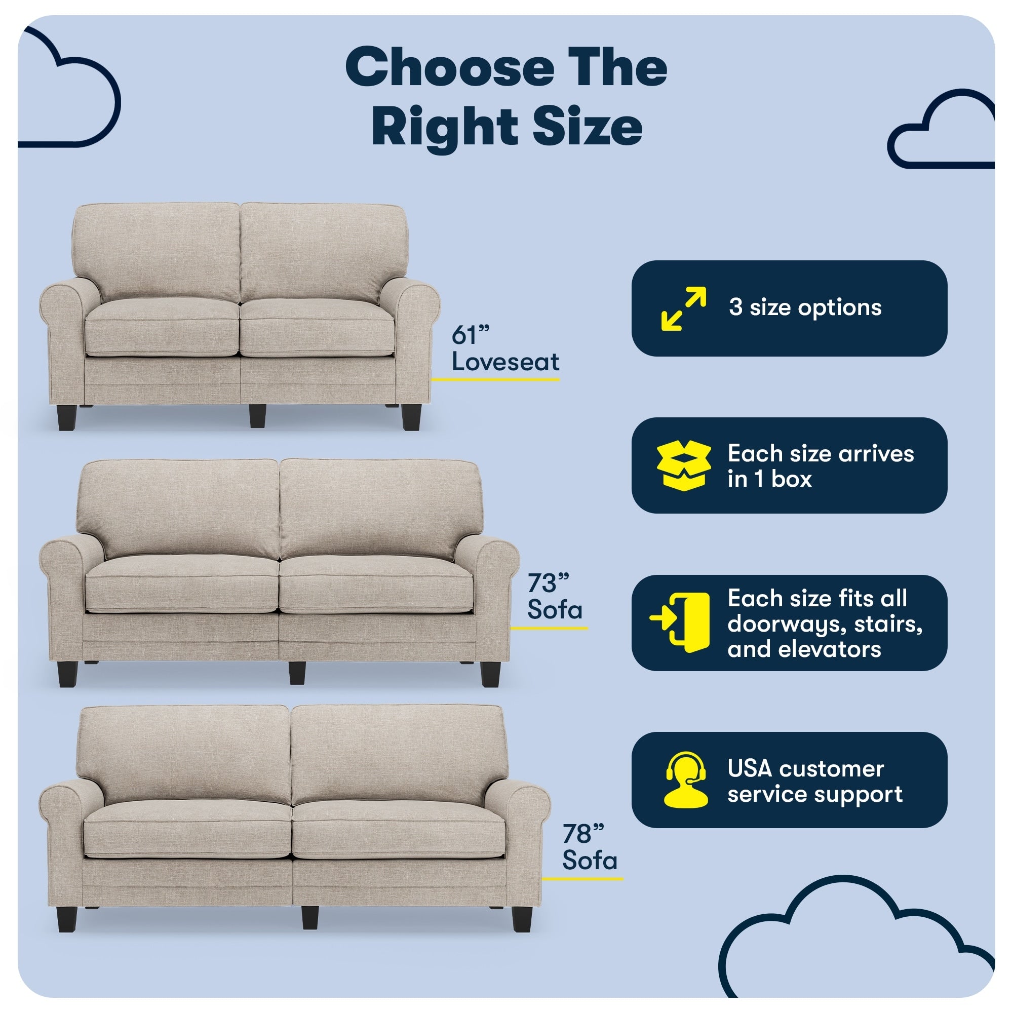 Serta Copenhagen 78 Rolled Arm Sofa, Easy Care Polyester, Soft Pillow Back, Pocket Coil Seat Cushions