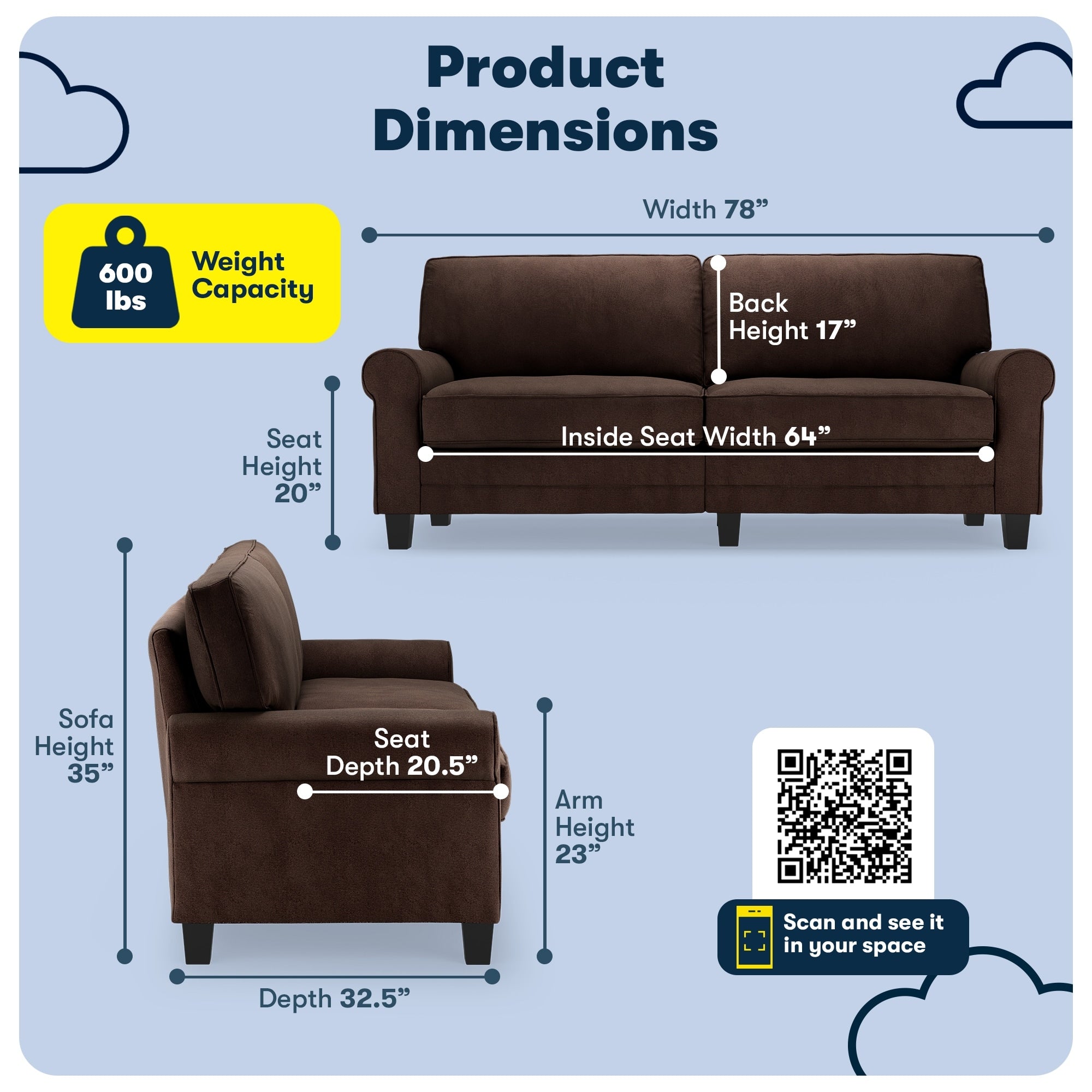 Serta Copenhagen 78 Rolled Arm Sofa, Easy Care Polyester, Soft Pillow Back, Pocket Coil Seat Cushions