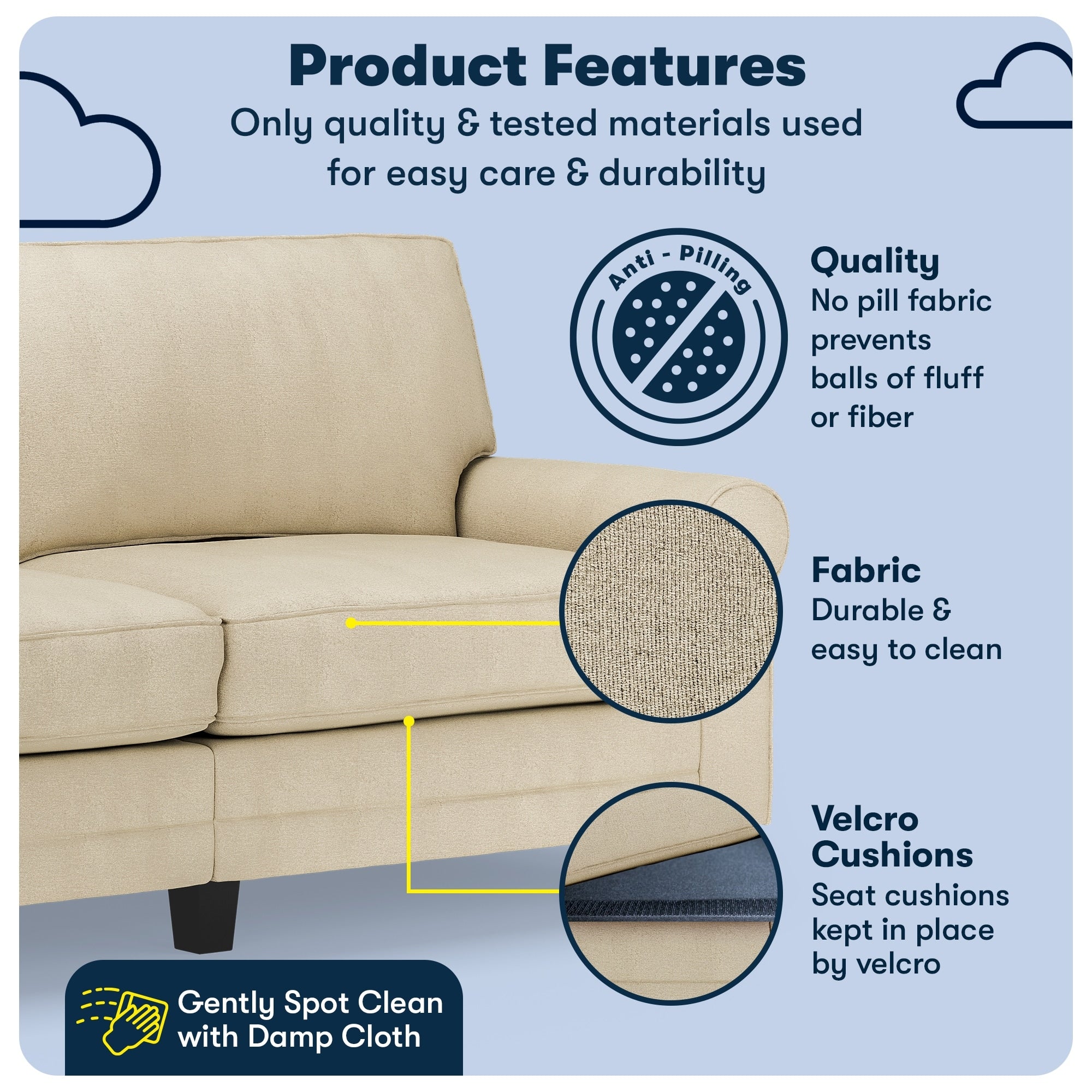Serta Copenhagen 78 Rolled Arm Sofa, Easy Care Polyester, Soft Pillow Back, Pocket Coil Seat Cushions