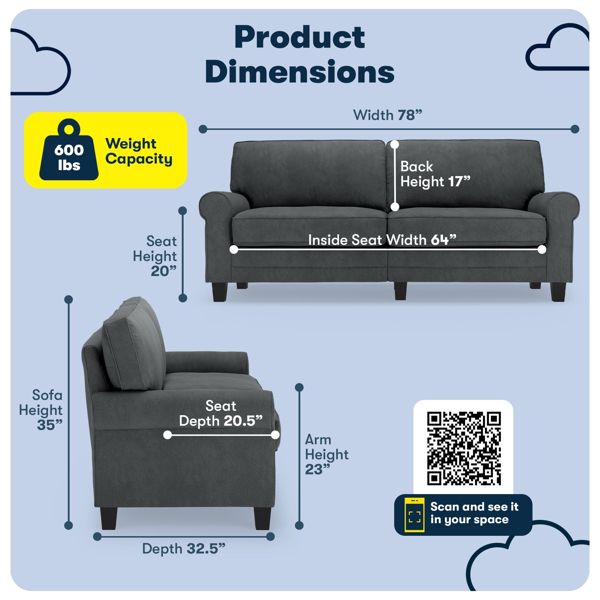 Serta Copenhagen 78 Rolled Arm Sofa, Easy Care Polyester, Soft Pillow Back, Pocket Coil Seat Cushions