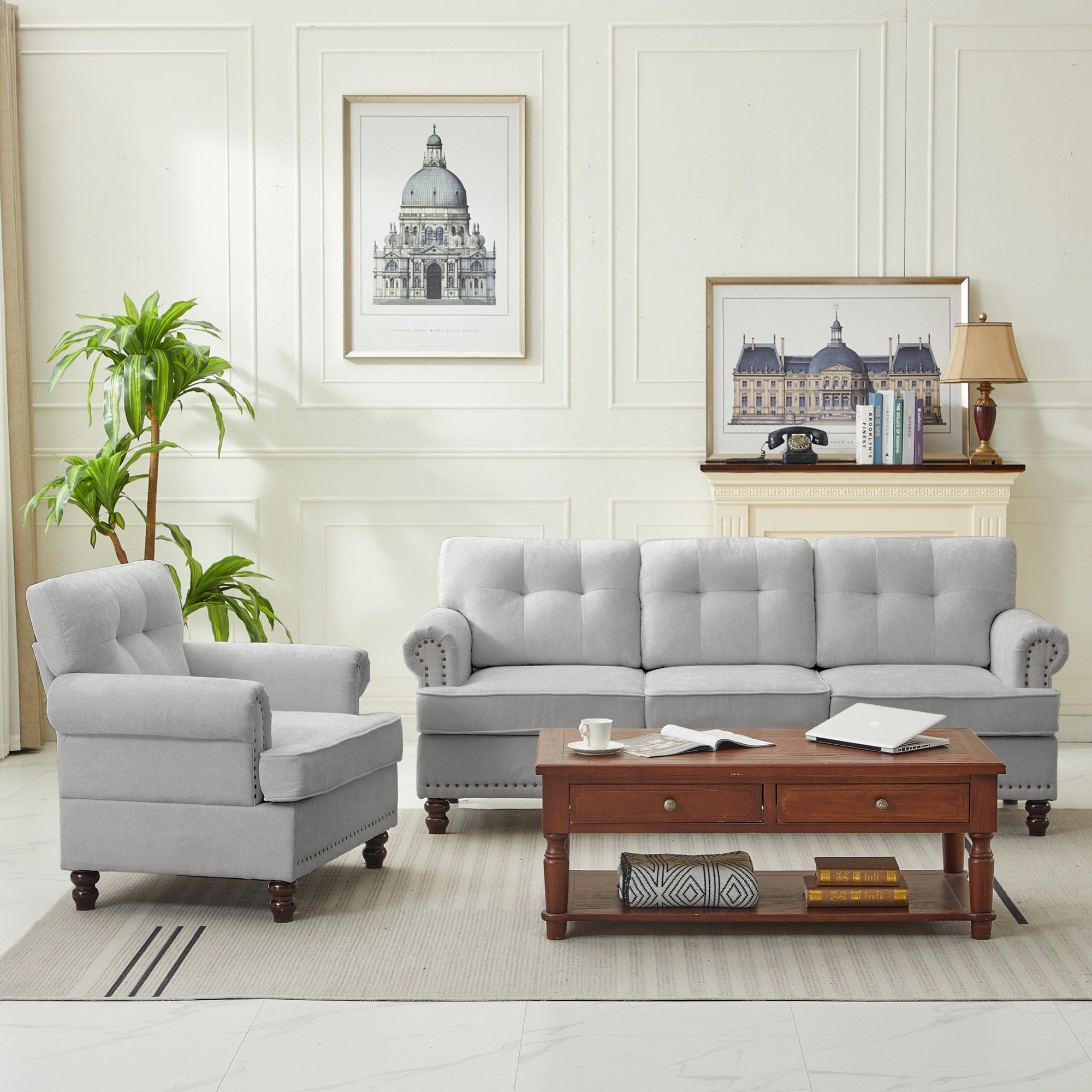 Set of 3 Chenille Sofa Set for Living Room, Button-Tufted & Nailhead Upholstery, Solid Rubberwood Legs