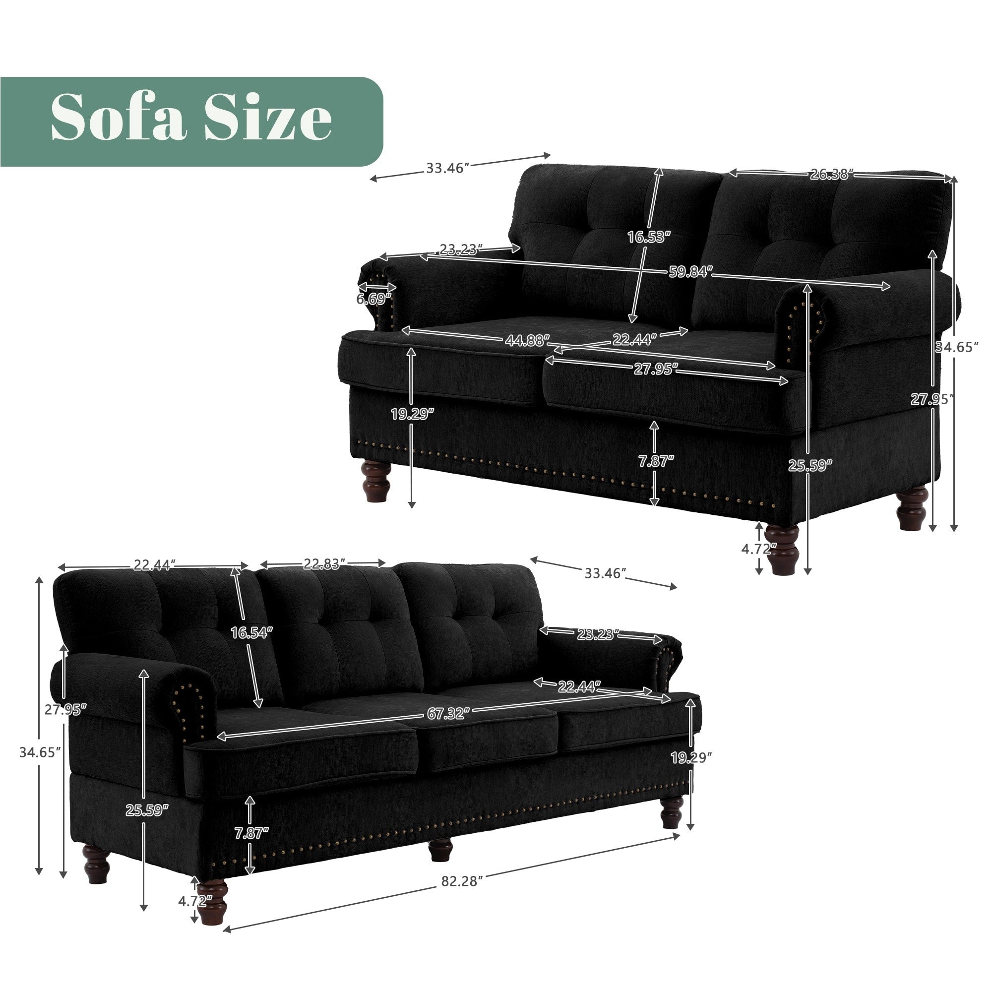 Set of 3 Chenille Sofa Set for Living Room, Button-Tufted & Nailhead Upholstery, Solid Rubberwood Legs