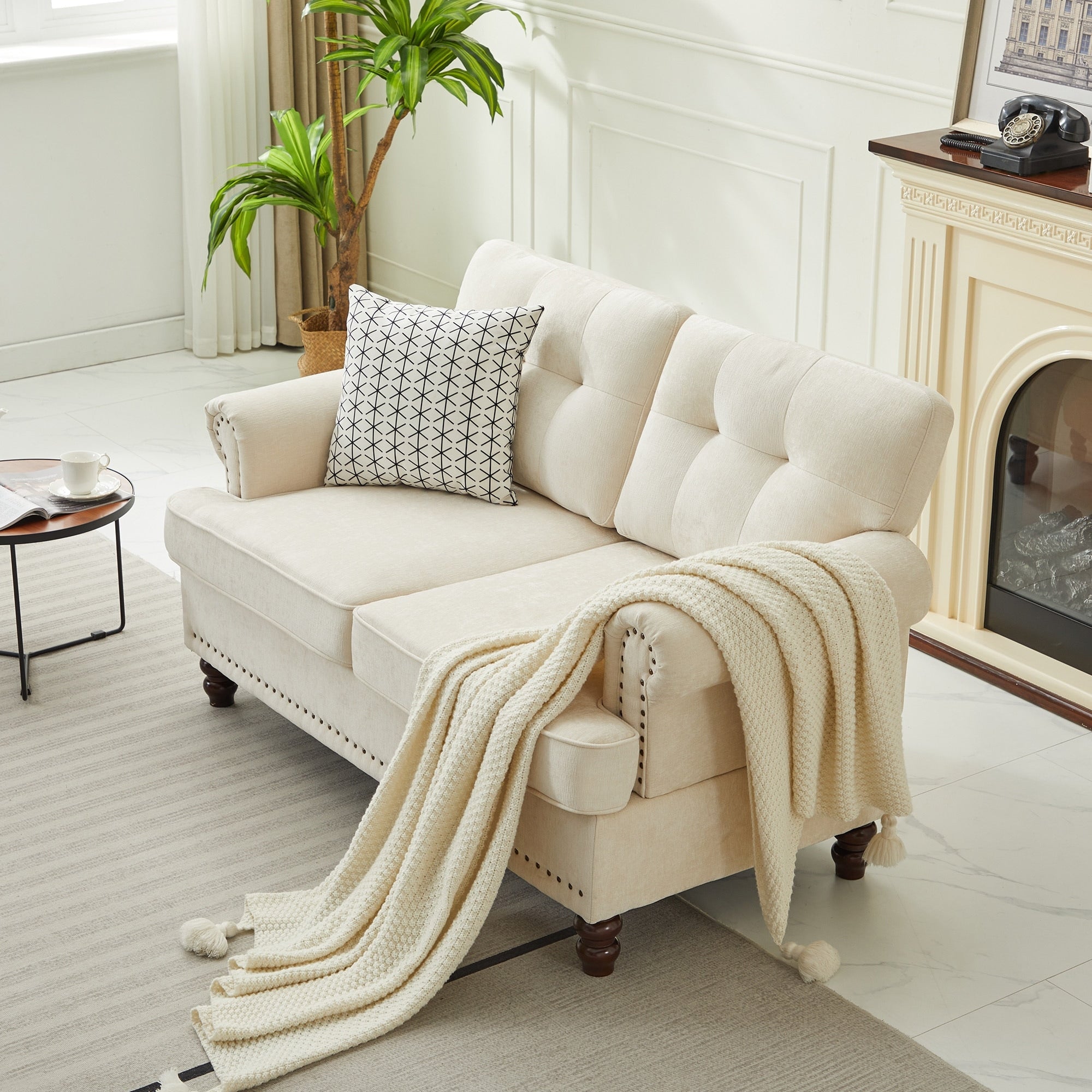 Set of 3 Chenille Sofa Set for Living Room, Button-Tufted & Nailhead Upholstery, Solid Rubberwood Legs
