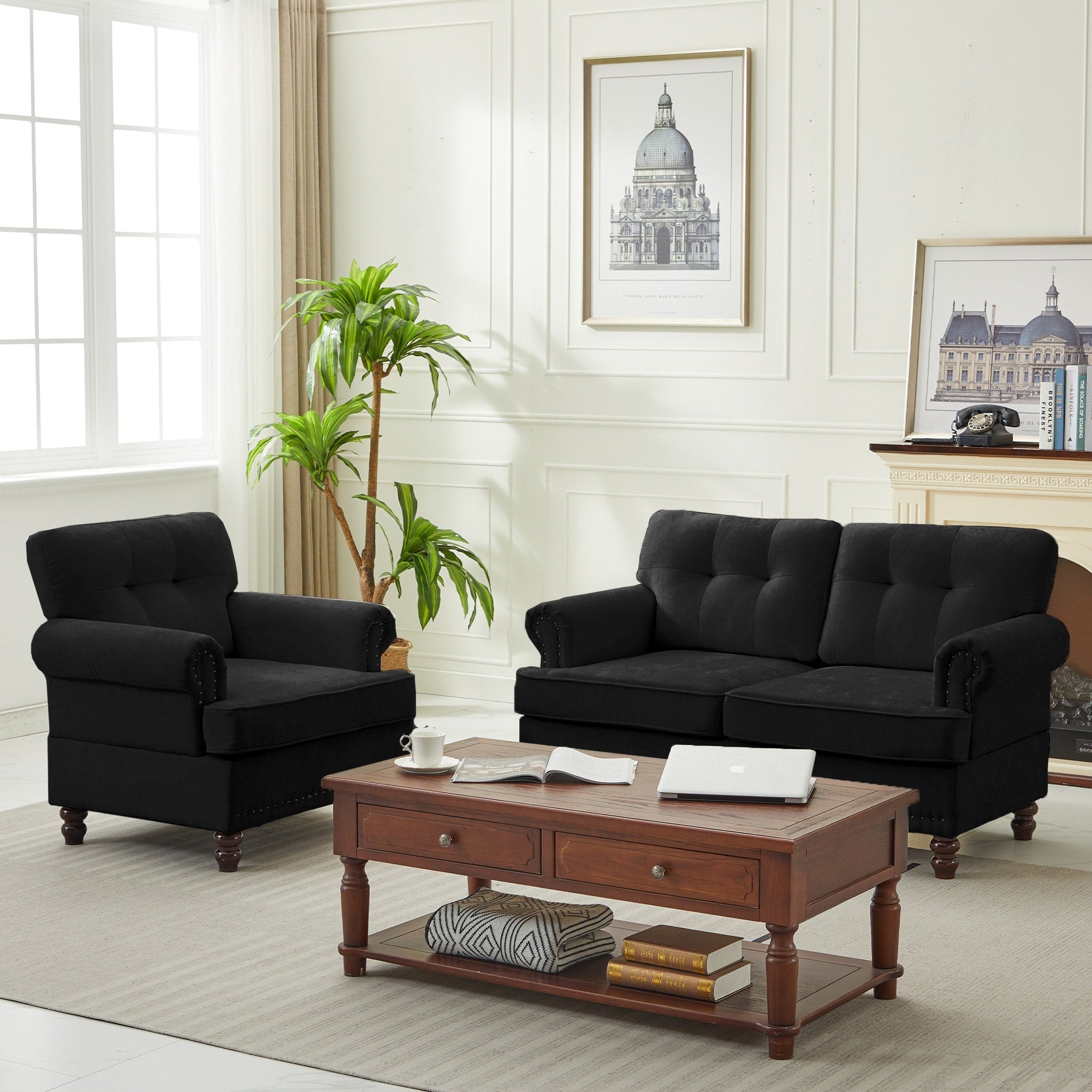 Set of 3 Chenille Sofa Set for Living Room, Button-Tufted & Nailhead Upholstery, Solid Rubberwood Legs