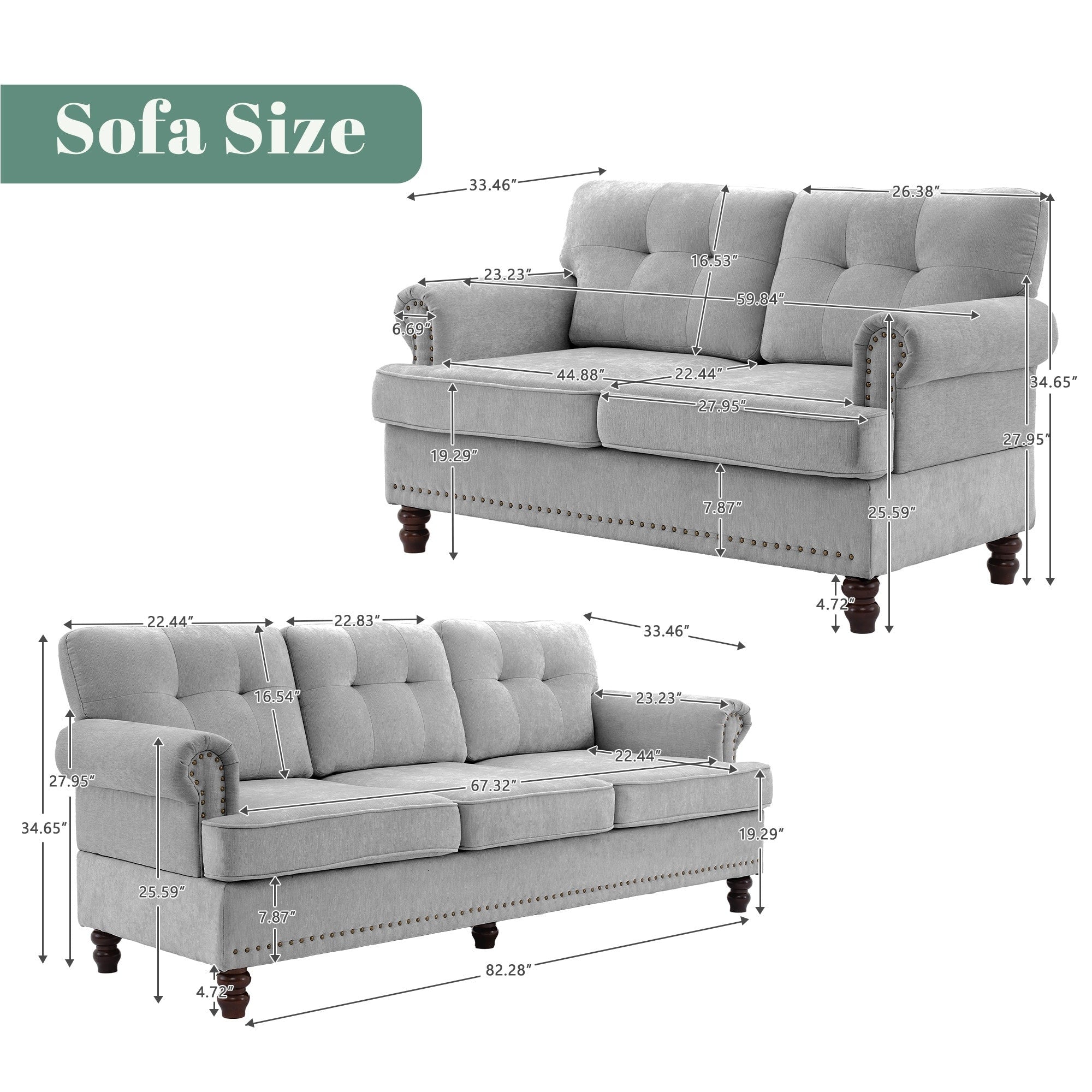 Set of 3 Chenille Sofa Set for Living Room, Button-Tufted & Nailhead Upholstery, Solid Rubberwood Legs