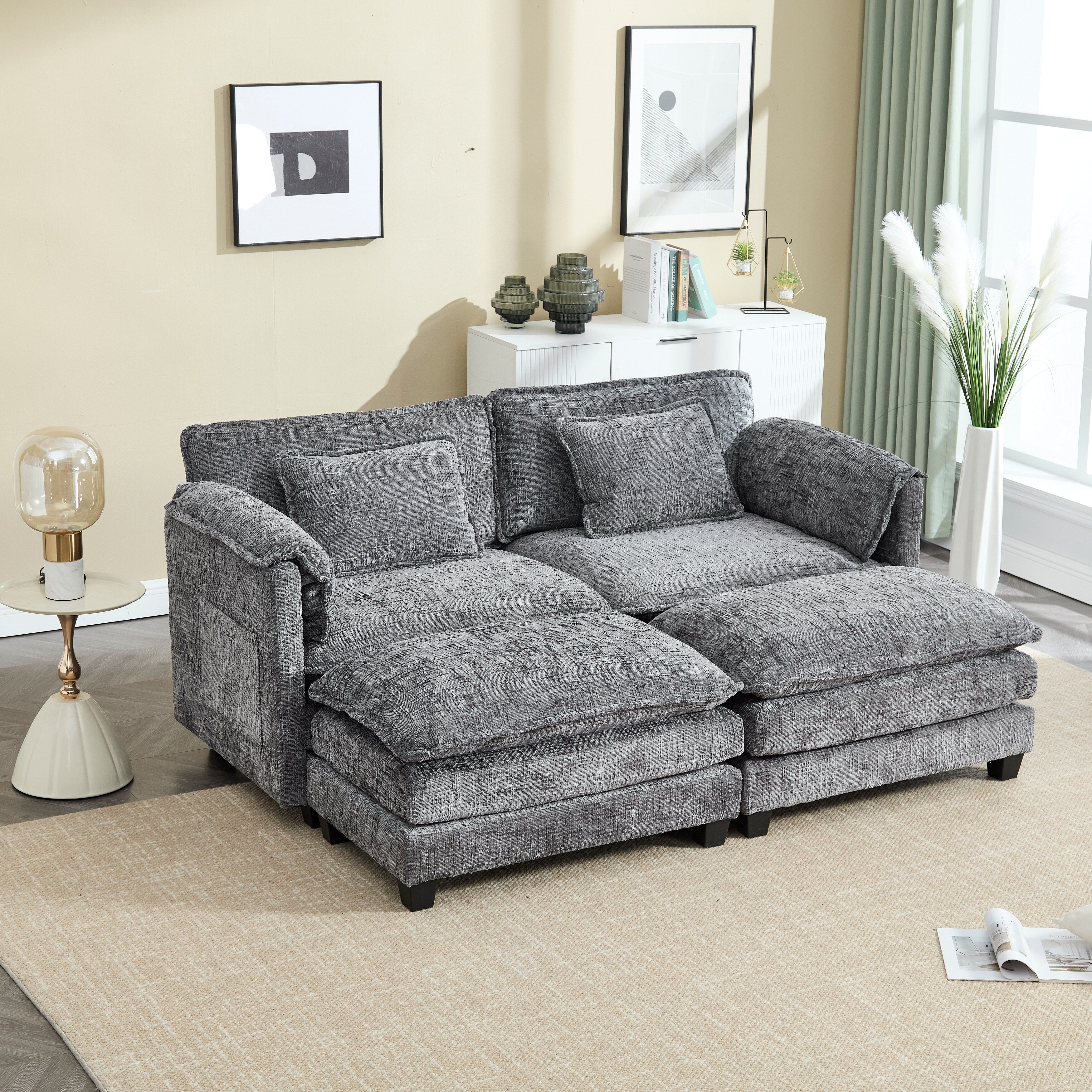 Solid Construction, the Overall Structure of the Sofa is Stable, Two Foot Stools and Two-seat Sofa with Side Pockets