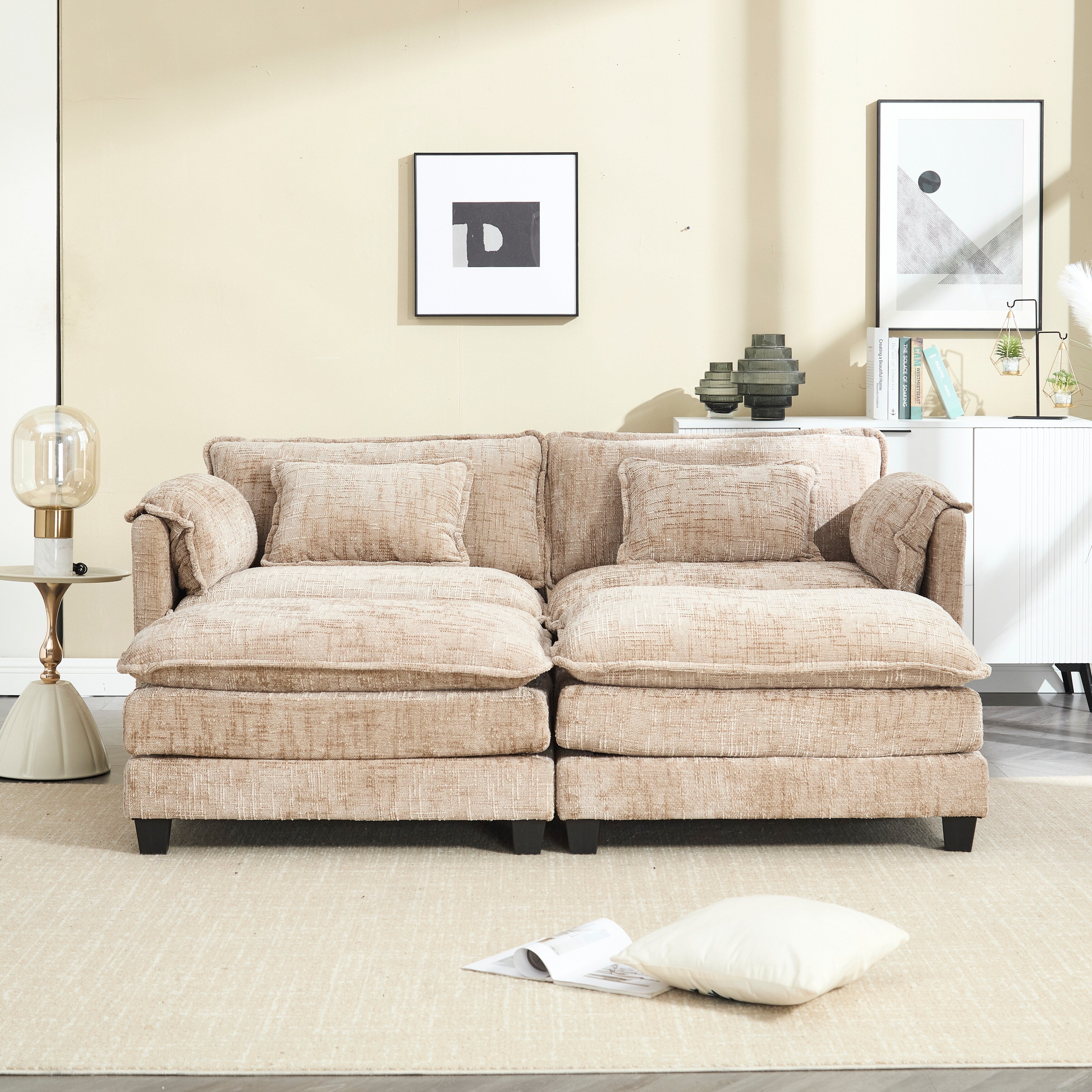 Solid Construction, the Overall Structure of the Sofa is Stable, Two Foot Stools and Two-seat Sofa with Side Pockets